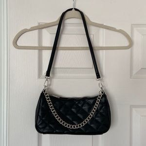 NWOT Black Faux-Leather Quilted Shoulder Bag with Silver Chain